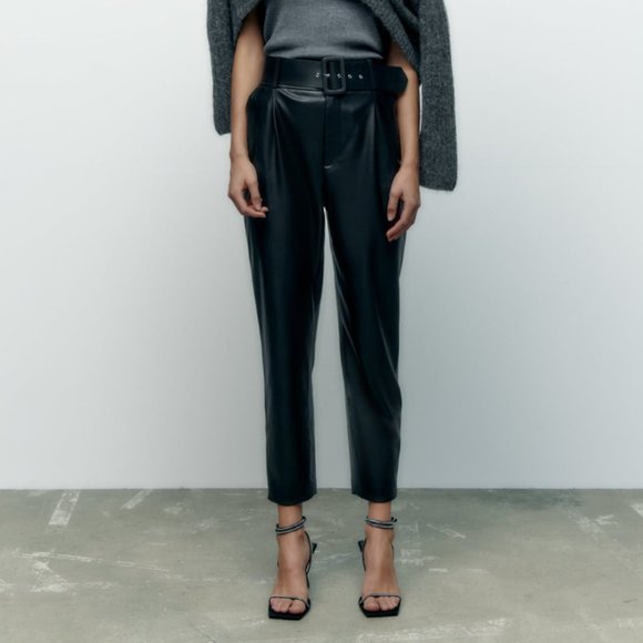 NWT ZARA BELTED FAUX LEATHER PANTS black - Picture 2 of 7